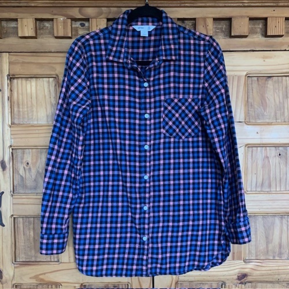 Old Navy  Sz M The Tunic Shirt Blue, Pink,  & Black Plaid Flannel
